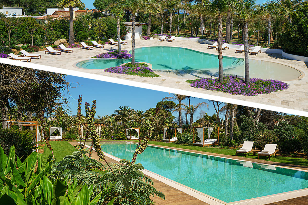 Le due piscine del Sant'Efis Hotel a Pula, immerse nel giardino tropicale Is Prendas